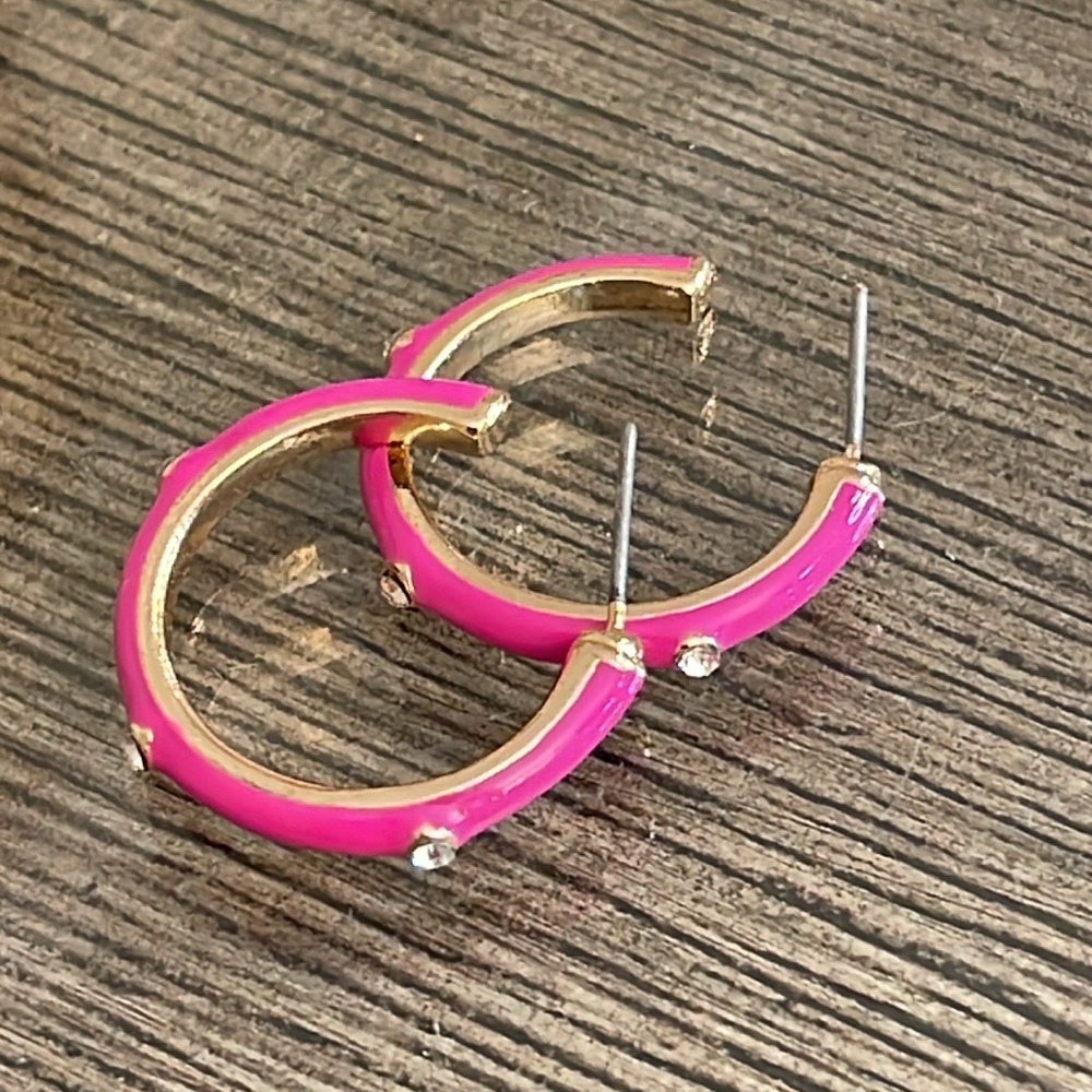 Boutique Style Hot Pink - Fuchsia Enamel Hoops with Rhinestone Accents. - Picture 9 of 16